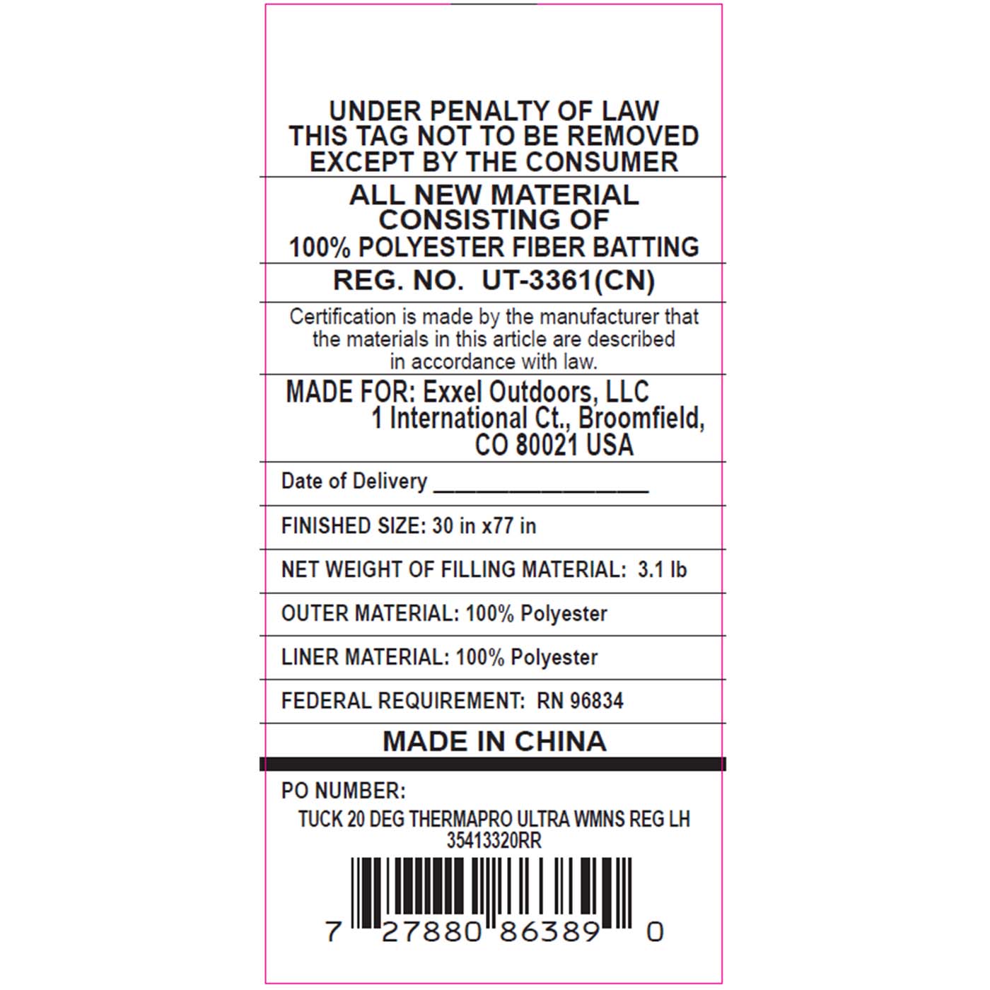Kelty Womens Tuck 20 Deg Thermapro Ultra Sleeping Bag, Regular Size, Left-Hand
