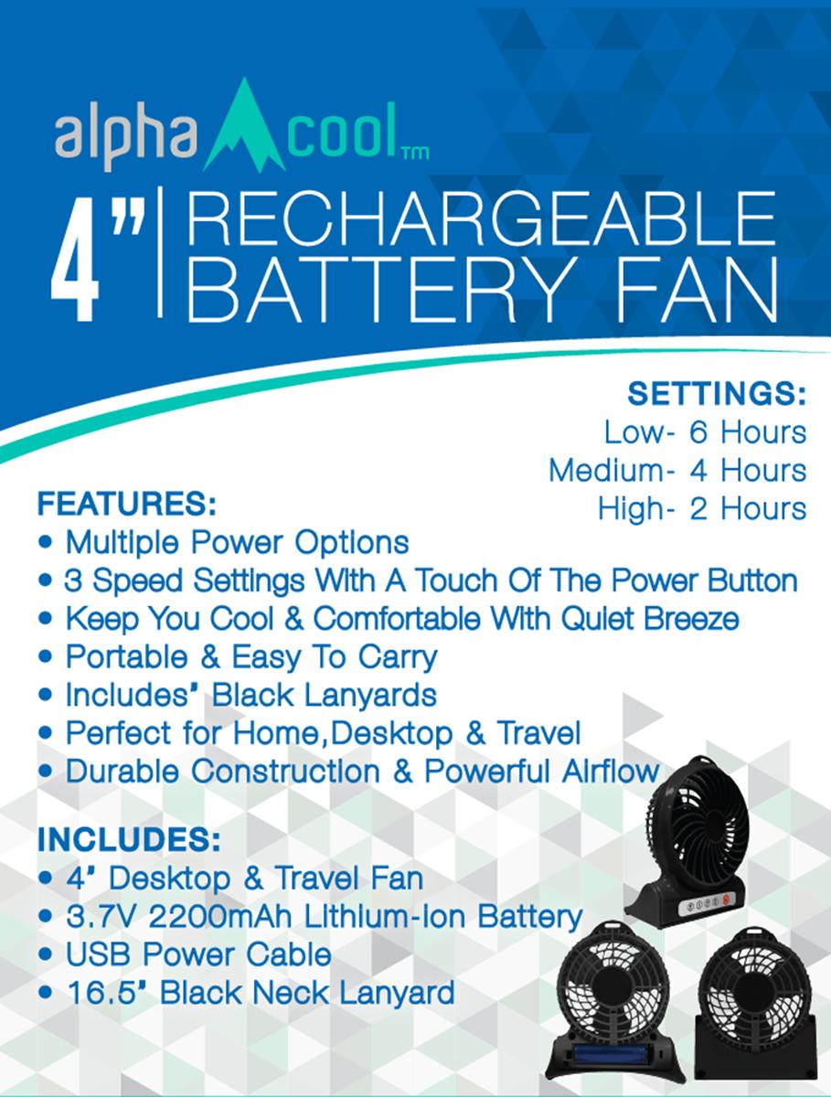  AlphaCool Rechargeable Battery Operated Fan - 4 Inch