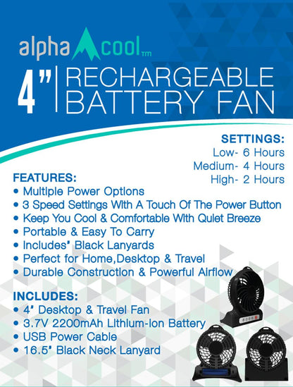  AlphaCool Rechargeable Battery Operated Fan - 4 Inch