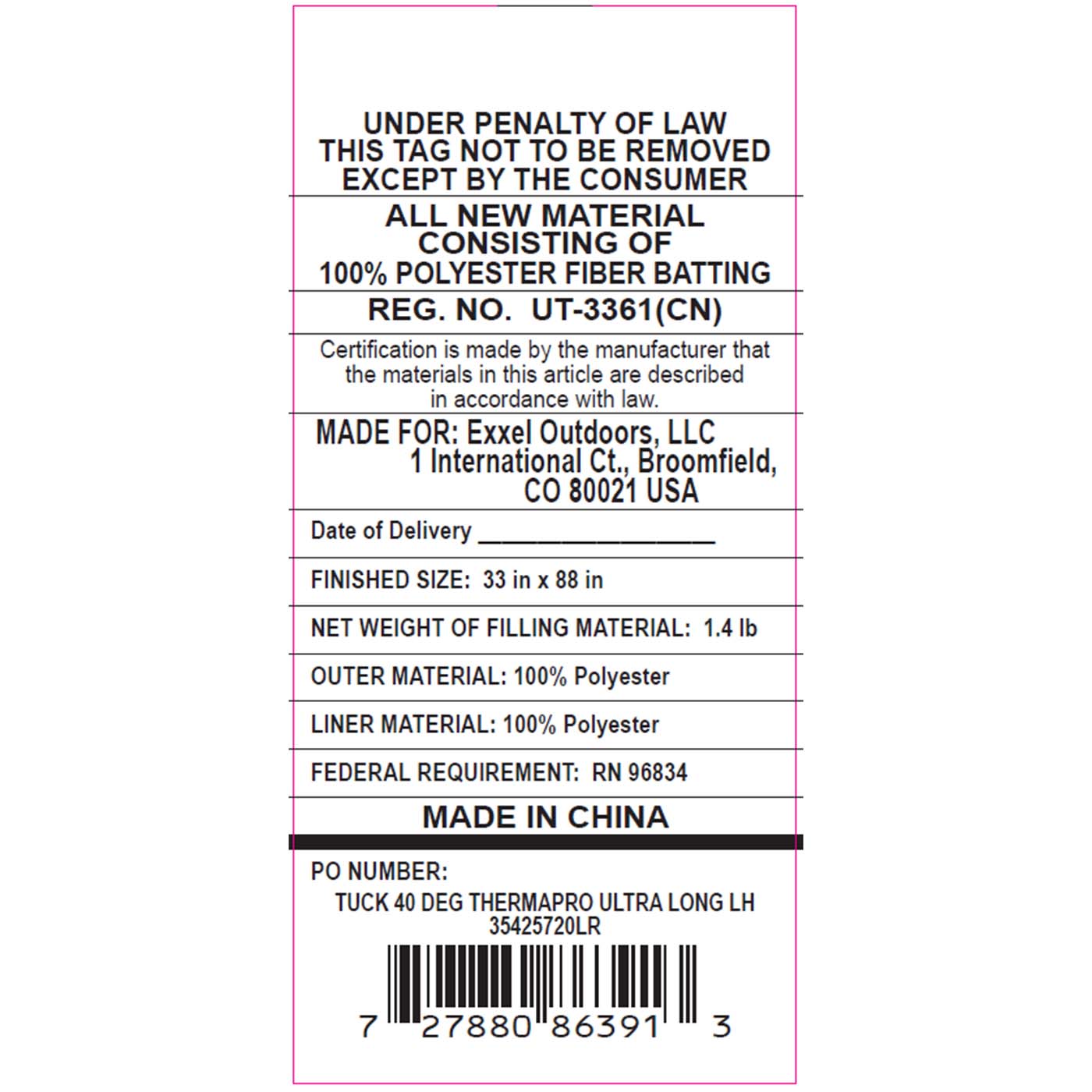  Kelty Tuck 40 Deg Thermapro Ultra Sleeping Bag, Long Size, Left-Hand