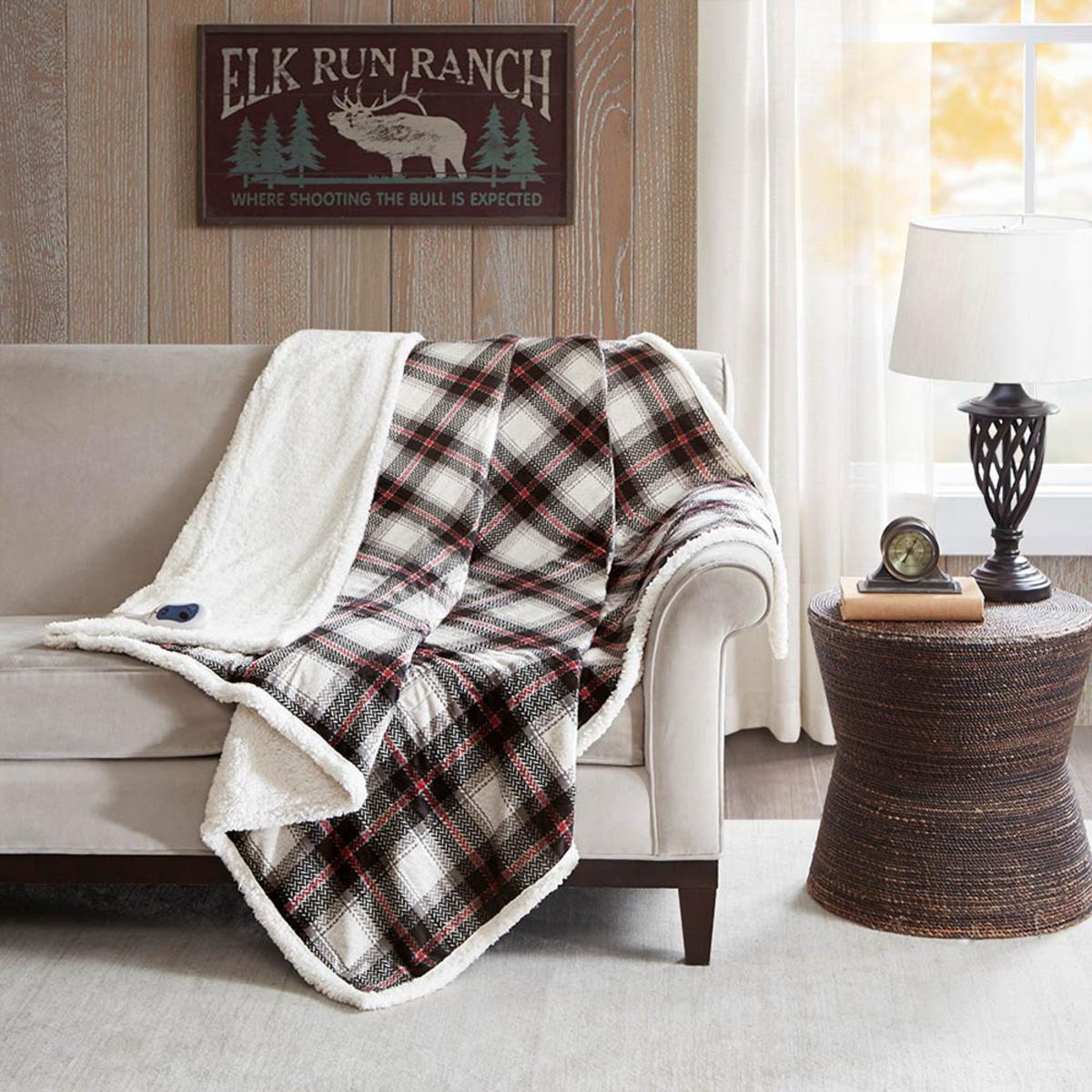  Woolrich Oversized Plaid Print Faux Mink To Berber Heated Throw - 60inW X 70inL