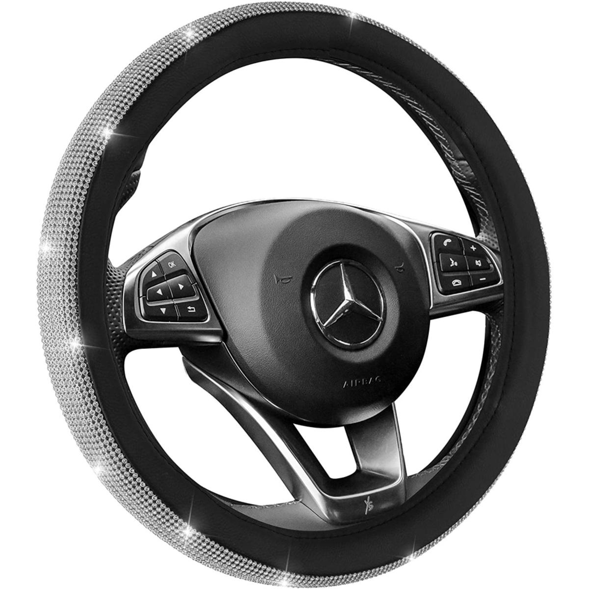  Zone Tech 12V Car Heated Steering Wheel Cover With Bling - Black And White Diamond Rhinestone
