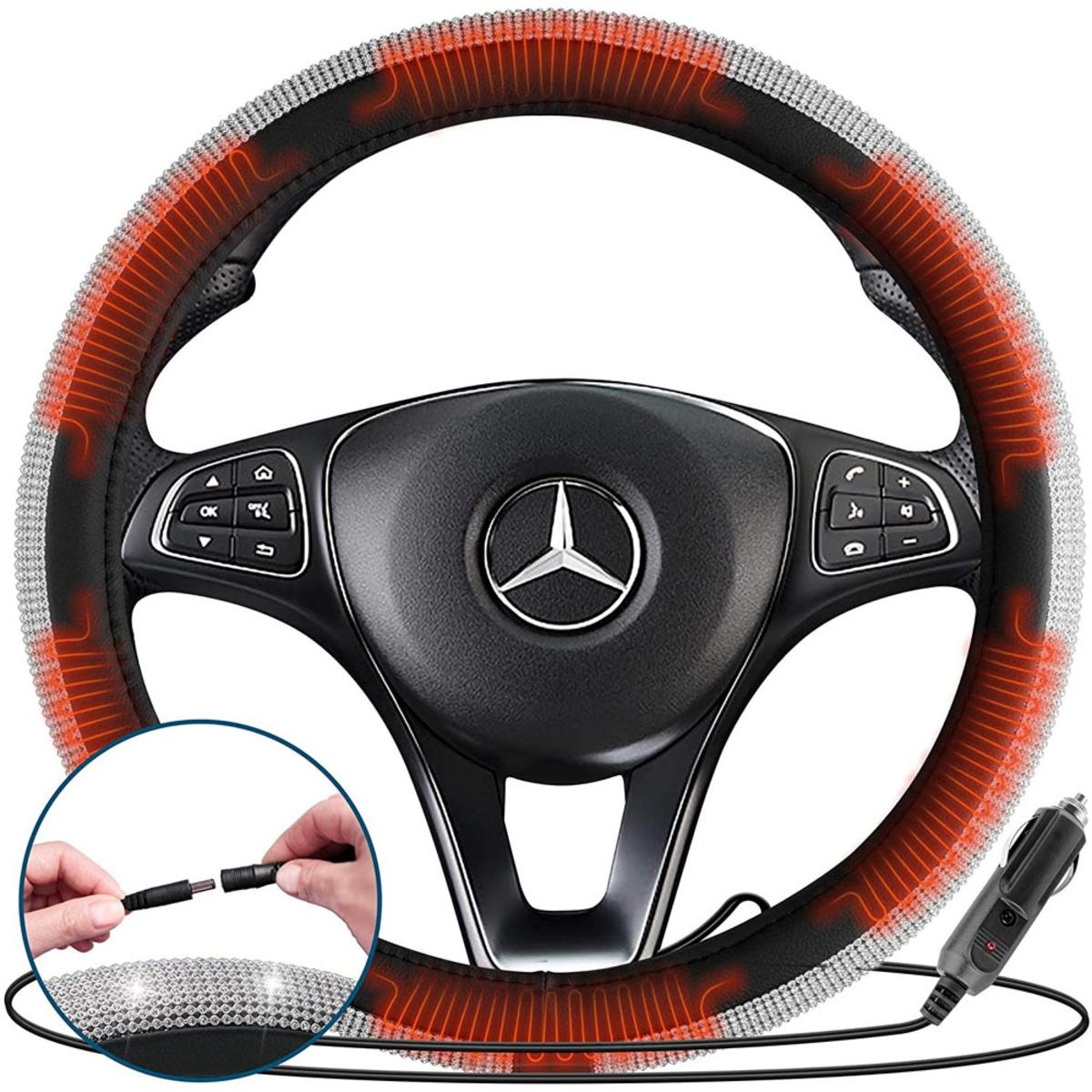  Zone Tech 12V Car Heated Steering Wheel Cover With Bling - Black And White Diamond Rhinestone