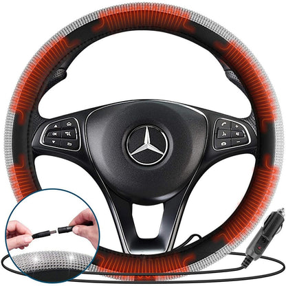  Zone Tech 12V Car Heated Steering Wheel Cover With Bling - Black And White Diamond Rhinestone