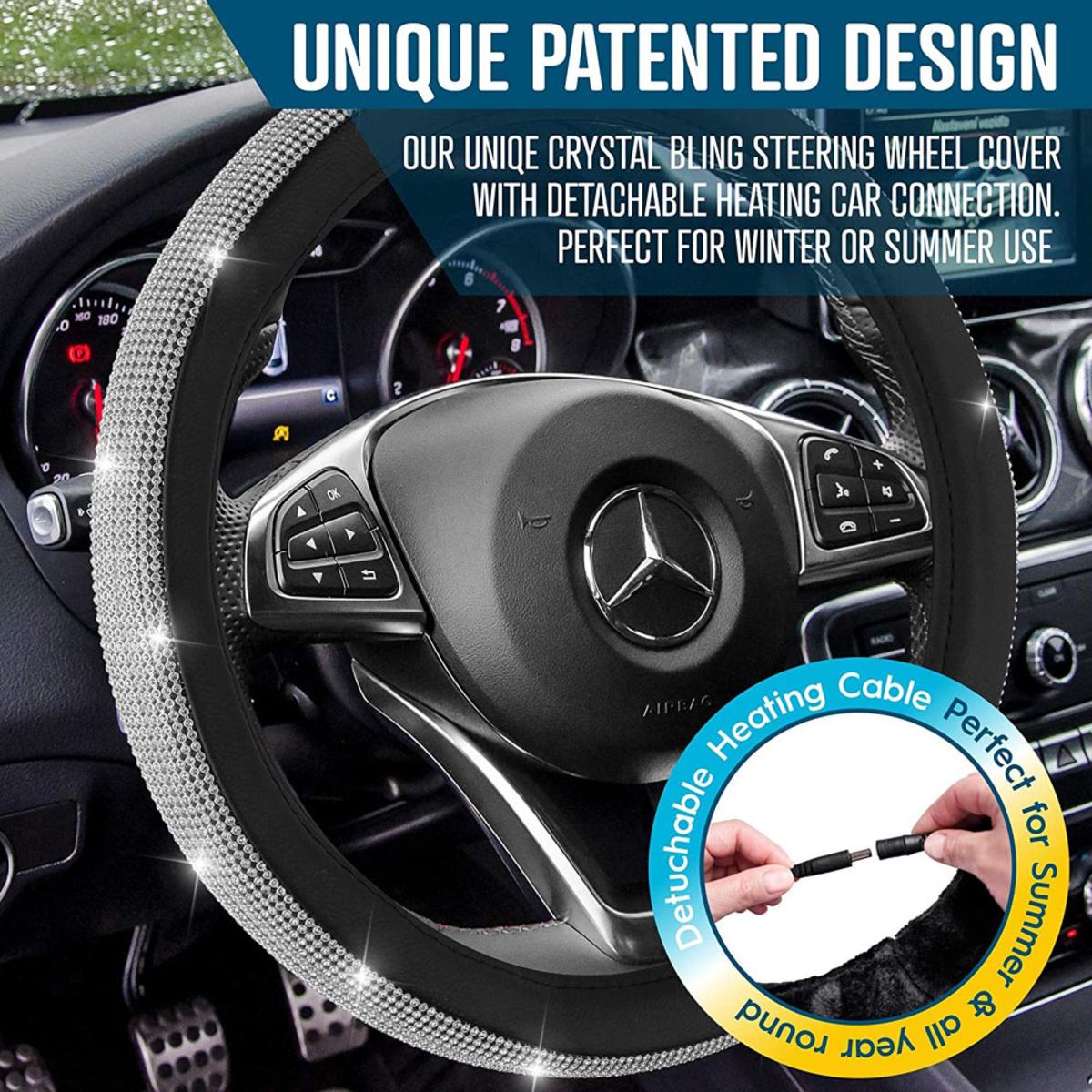  Zone Tech 12V Car Heated Steering Wheel Cover With Bling - Black And White Diamond Rhinestone
