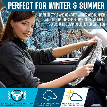  Zone Tech 12V Car Heated Steering Wheel Cover With Bling - Black And White Diamond Rhinestone