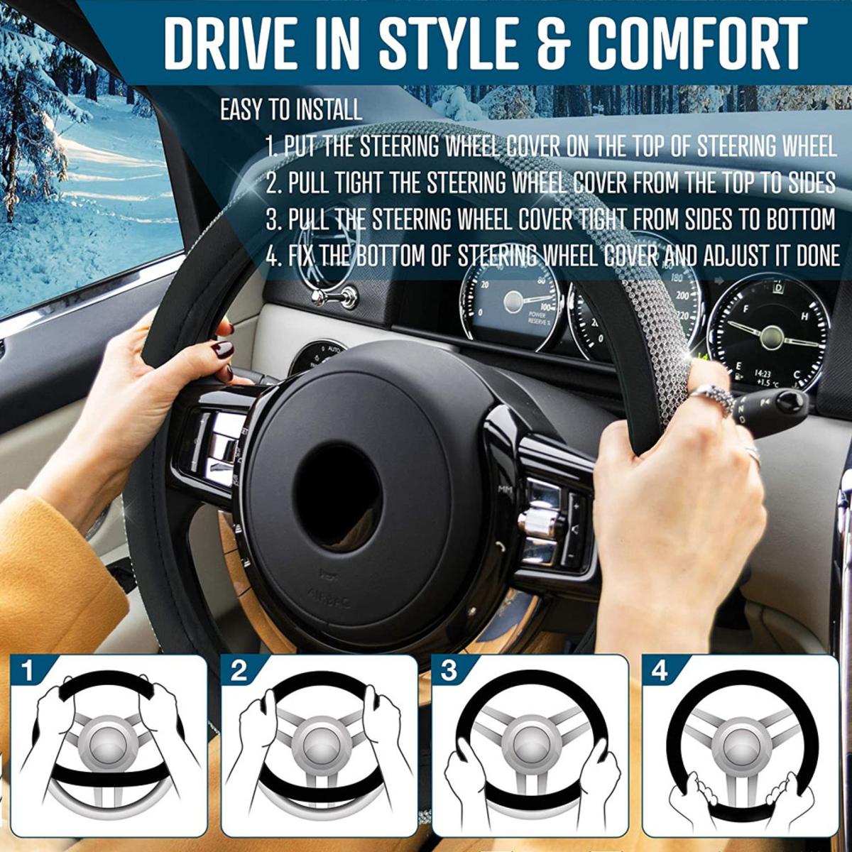  Zone Tech 12V Car Heated Steering Wheel Cover With Bling - Black And White Diamond Rhinestone