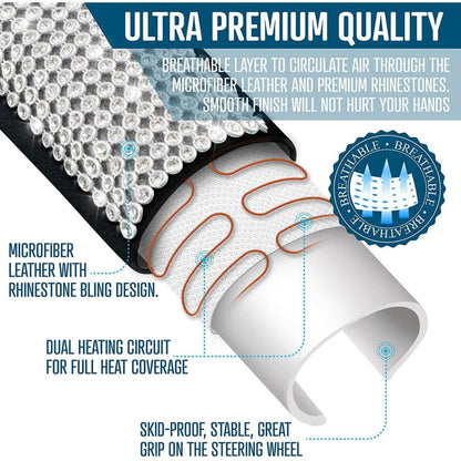  Zone Tech 12V Car Heated Steering Wheel Cover With Bling - Black And White Diamond Rhinestone
