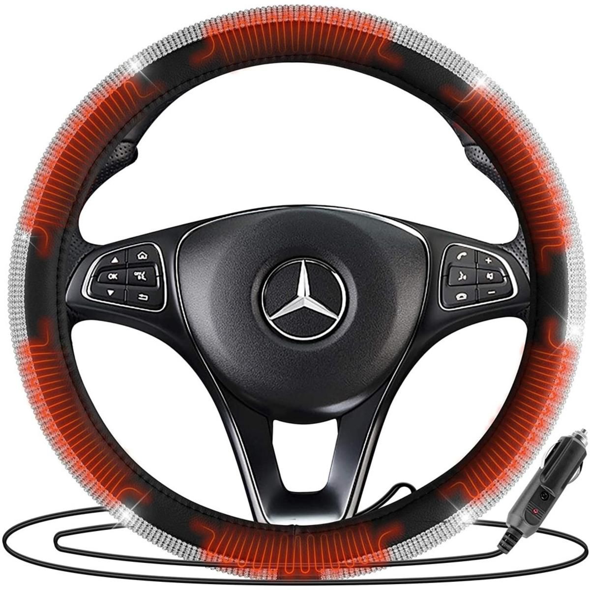  Zone Tech 12V Car Heated Steering Wheel Cover With Bling - Black And White Diamond Rhinestone