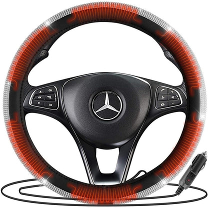  Zone Tech 12V Car Heated Steering Wheel Cover With Bling - Black And White Diamond Rhinestone