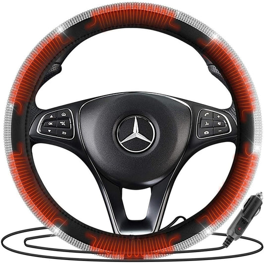  Zone Tech 12V Car Heated Steering Wheel Cover With Bling - Black And White Diamond Rhinestone