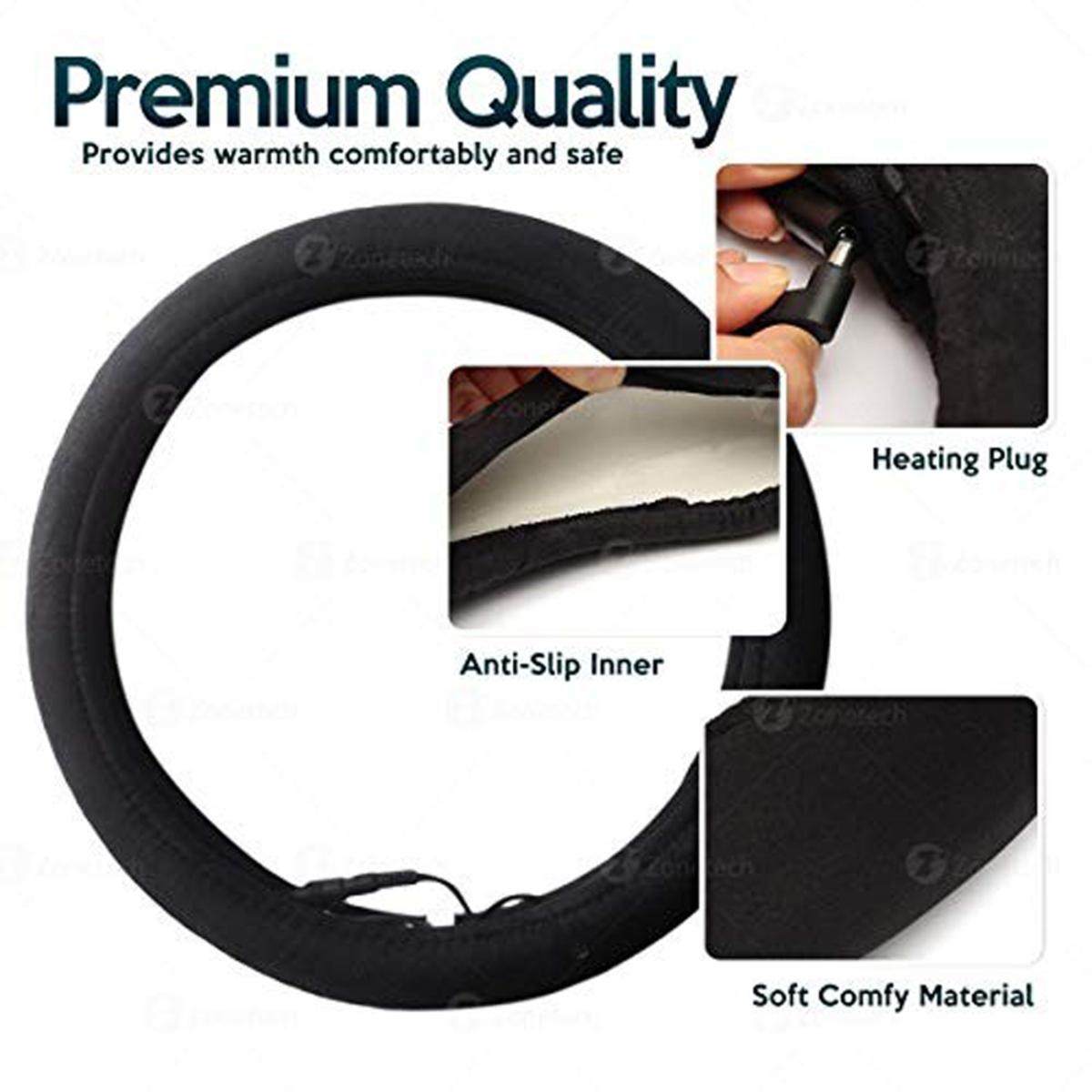  Zone Tech 12V Car Steering Wheel Heated Cover - Classic Black
