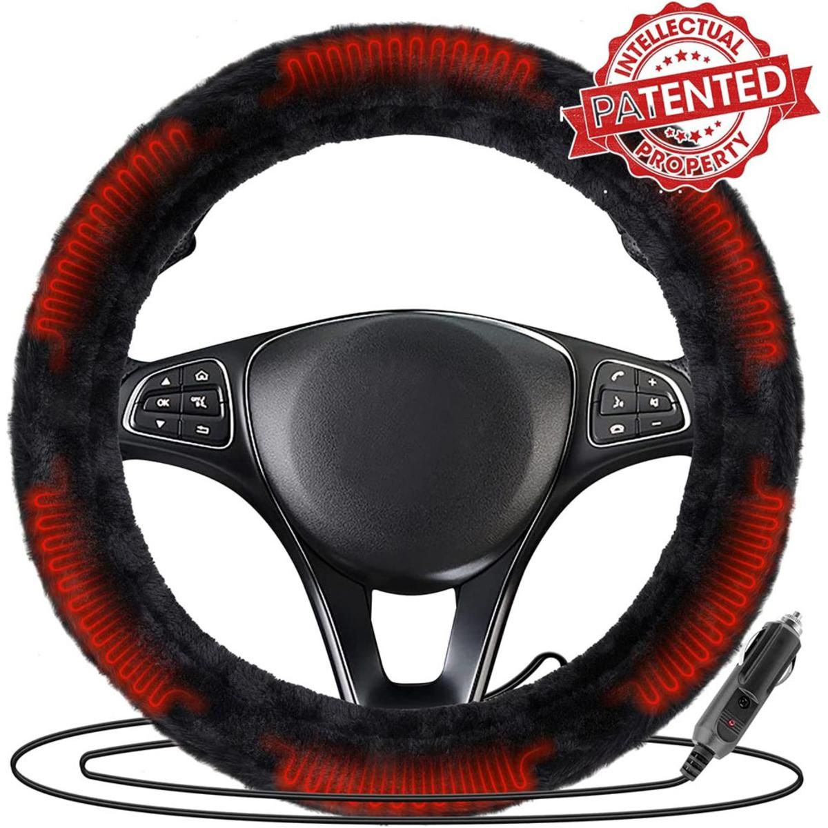  Zone Tech 12V Car Steering Wheel Plush Heated Cover - Classic Black