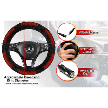  Zone Tech 12V Car Steering Wheel Plush Heated Cover - Classic Black
