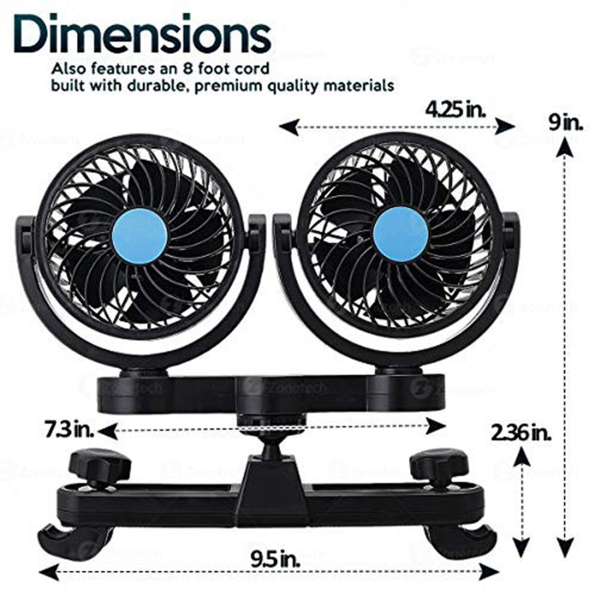  Zone Tech 12V Dual Head Car Cooling Air Fan - 2 Speed 360 Degree Rotatable
