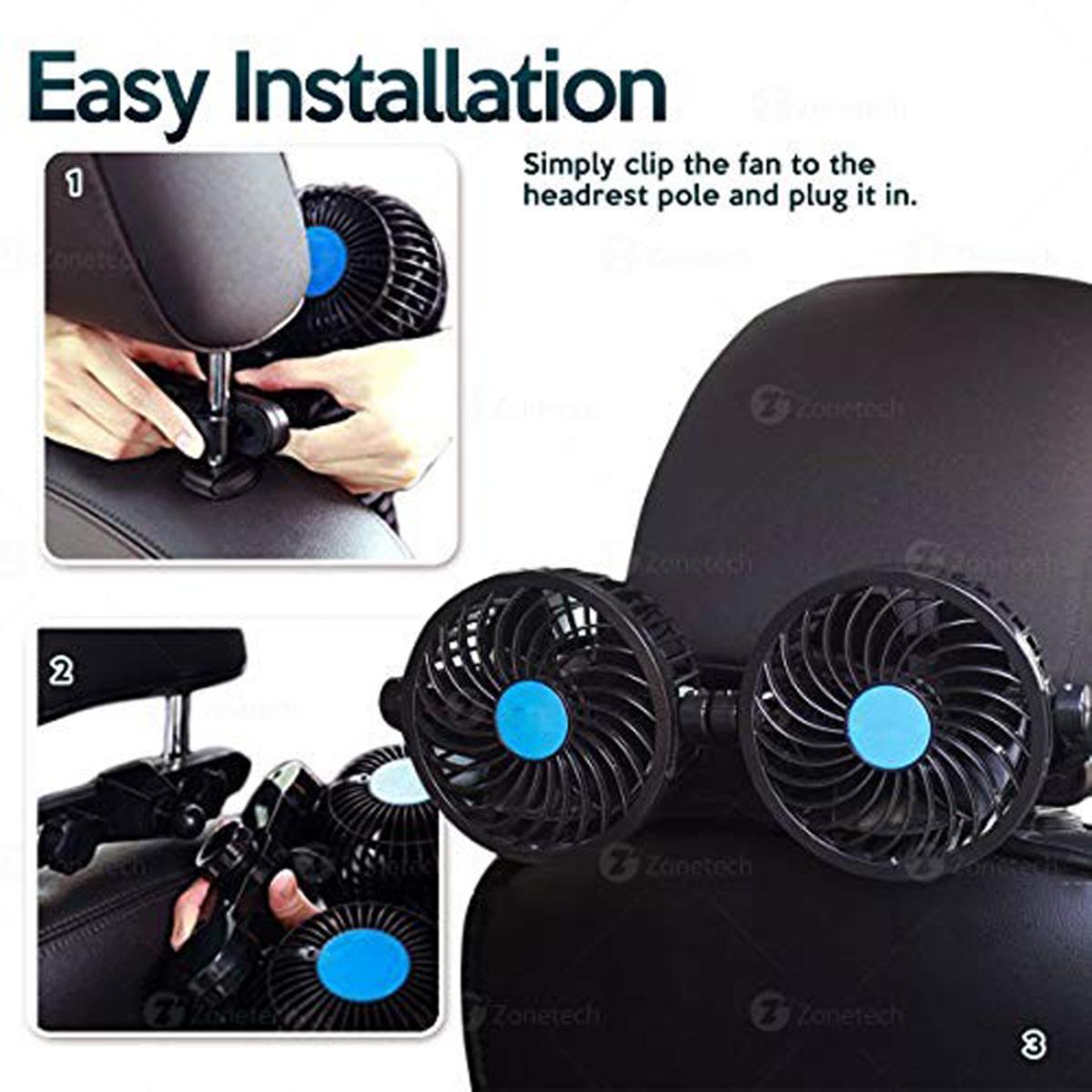  Zone Tech 12V Dual Head Car Cooling Air Fan - 2 Speed 360 Degree Rotatable