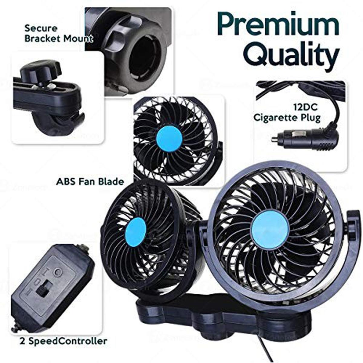  Zone Tech 12V Dual Head Car Cooling Air Fan - 2 Speed 360 Degree Rotatable