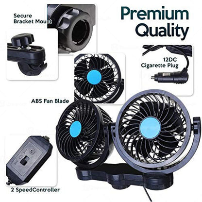  Zone Tech 12V Dual Head Car Cooling Air Fan - 2 Speed 360 Degree Rotatable