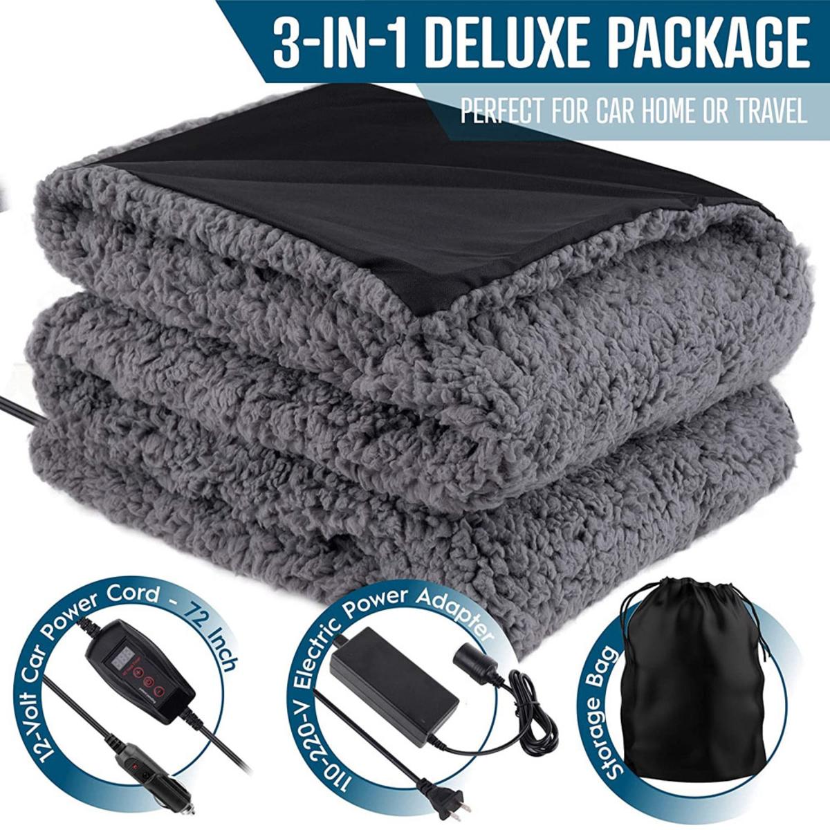  Zone Tech 12V Sherpa Fleece Travel Blanket - Grey