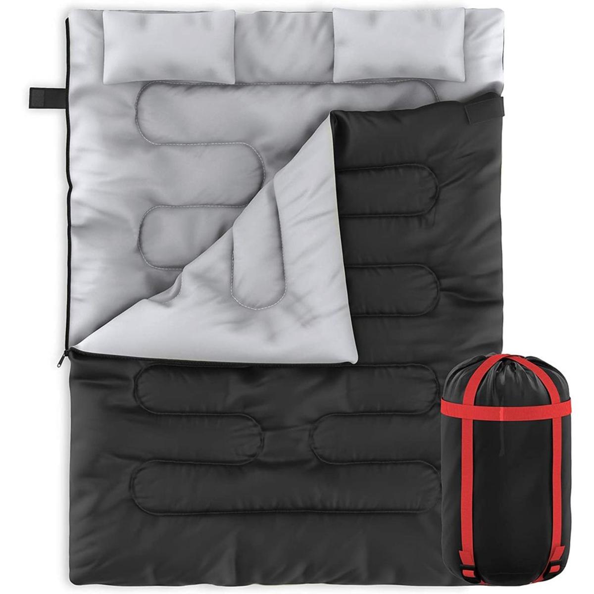  Zone Tech Double Camping Lightweight Sleeping Bag With 2 Pillows - Black/Grey