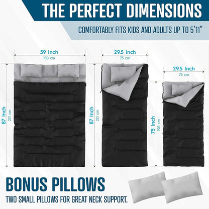  Zone Tech Double Camping Lightweight Sleeping Bag With 2 Pillows - Black/Grey