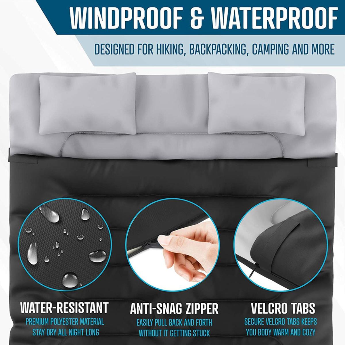  Zone Tech Double Camping Lightweight Sleeping Bag With 2 Pillows - Black/Grey