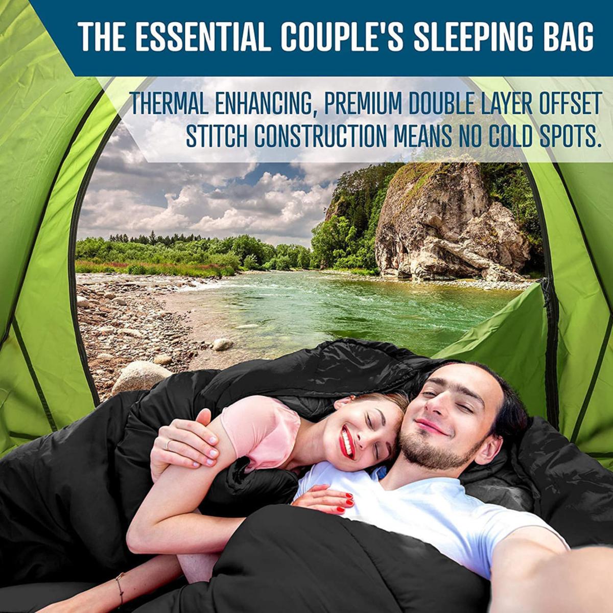  Zone Tech Double Camping Lightweight Sleeping Bag With 2 Pillows - Black/Grey